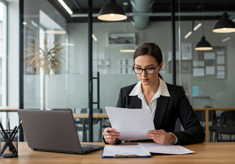 Focused professional businesswoman working on a laptop, reviewing financial documents and reports in a modern office. Accountant, entrepreneur, or manager analyzing paperwork and using a computer. 