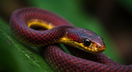Naklejka premium A Red And Yellow Snake Coiled On A Leaf