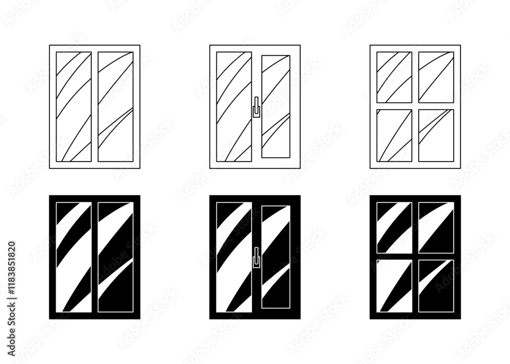 Poster series of windows with different designs and sizes. vector icons