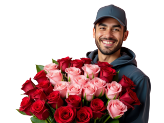 Close-up of a smiling man in a black cap and jacket holding a bouquet of red and pink roses, isolated on a transparent background. Flower delivery concept