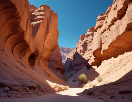 A dramatic desert canyon under a clear blue sky.