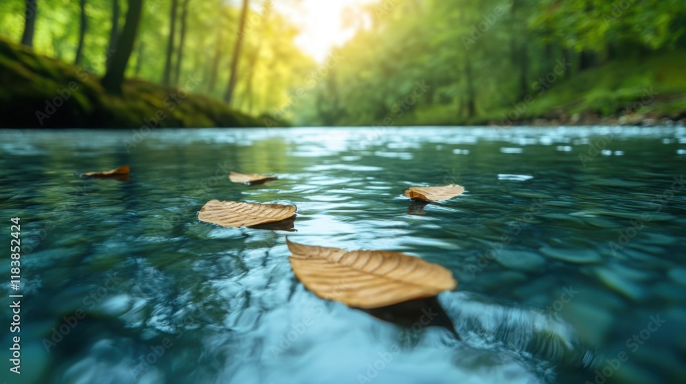 Poster slow-moving stream with floating leaves on its surface, surrounded by dense forest