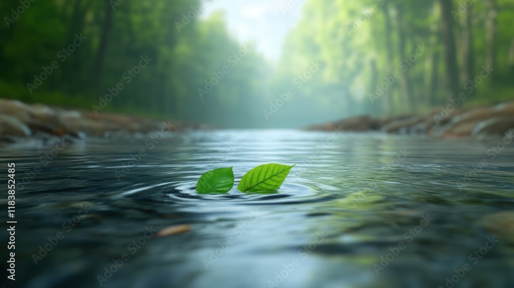 Poster slow-moving stream with floating leaves on its surface, surrounded by dense forest