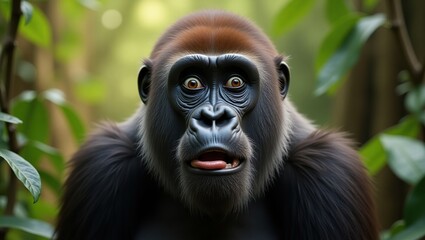 Obraz premium Western Gorilla Surprised In Lush Green Foliage