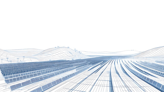 An intricate blueprint design of a largescale solar panel farm project, showcasing rows of photovoltaic panels planned for sustainable energy production