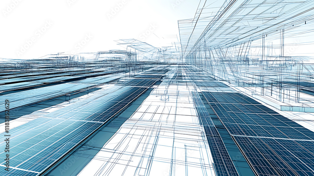 Poster an intricate blueprint design of a largescale solar panel farm project, showcasing rows of photovolt