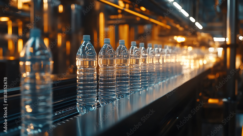 Poster automated production line with clear plastic drinking water bottles moving on a conveyor belt, with 