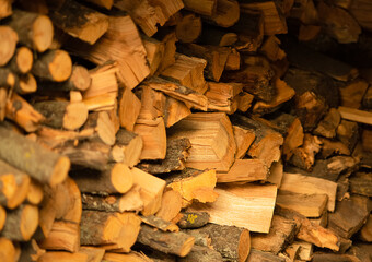 Rural background with a circle of wooden logs stacked in a wall.