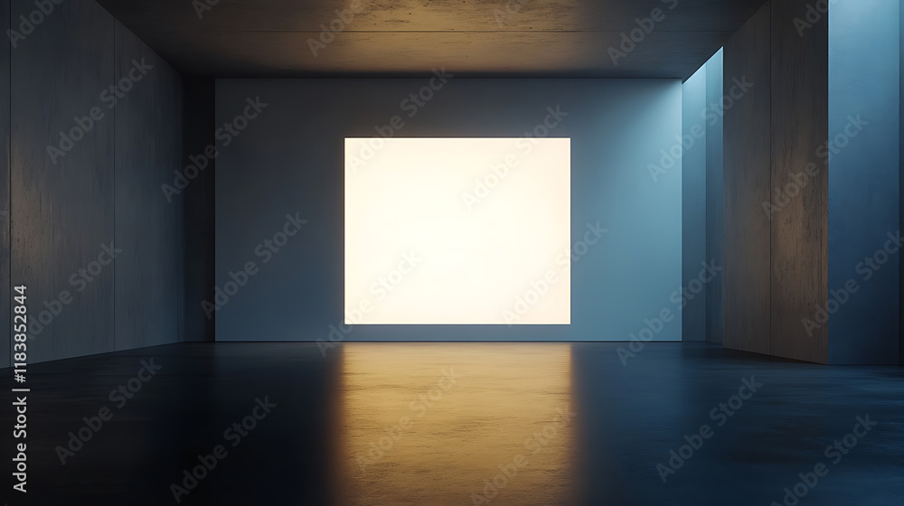 Poster backlit empty gallery panel in a darkened room, minimalist design concept