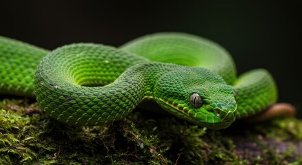 Fototapeta premium Green Tree Viper Snake Coiled on Mossy Log