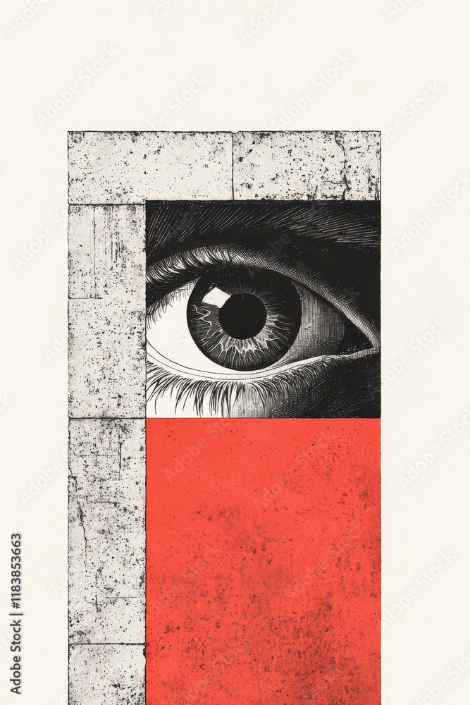 Poster monochrome and red abstract eye with geometric patterns