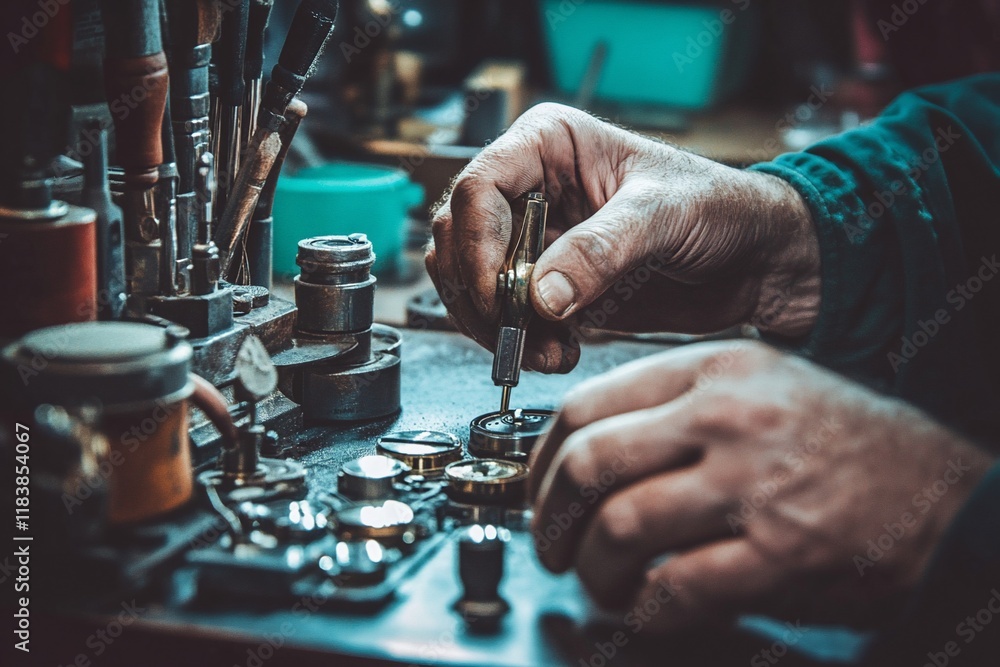 Poster close-up of a watchmaker's hands meticulously repairing a timepiece using specialized tools on a wor