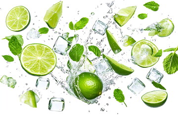 Water splash on white background with lime slices, mint leaves, and ice cubes as a concept for summertime libations -