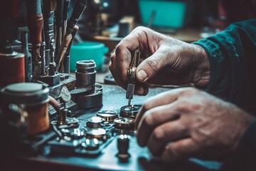 Close-up of a watchmaker's hands meticulously repairing a timepiece using specialized tools on a workbench.