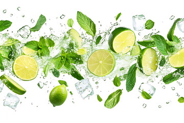 Water splash on white background with lime slices, mint leaves, and ice cubes as a concept for summertime libations -
