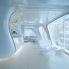 Fototapeta premium Futuristic interior design showcase urban apartment digital media modern space panoramic view innovative aesthetics