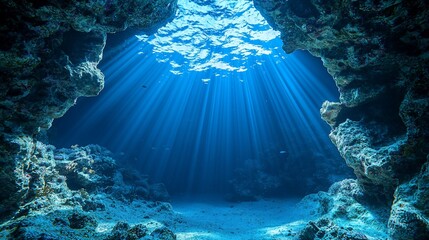 Obraz premium Sunbeams illuminate underwater cave.