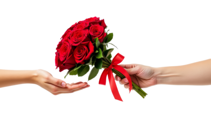 A bouquet of vibrant red roses with a red ribbon, being handed to another person, isolated on a transparent background, symbolizing love. Flower delivery concept