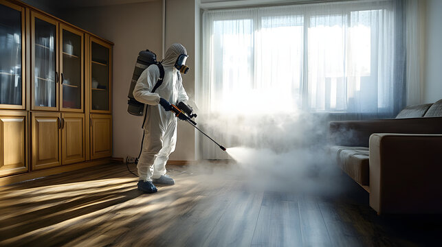 un homme en combinaison de protection vaporise l'int&eacute;rieur d'un appartement avec de la vapeur pour lutter contre les punaises de lit