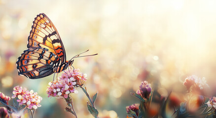 Obraz premium vibrant butterfly delicately sipping nectar from blooming flower in sunlit garden.