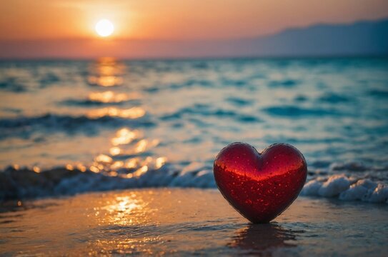 Heart-shaped decoration on sandy beach at sunset, with ocean waves gently lapping