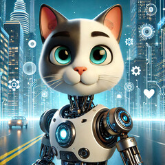 Fototapeta premium Robotic Cat with Nature-Inspired Features in a Futuristic City