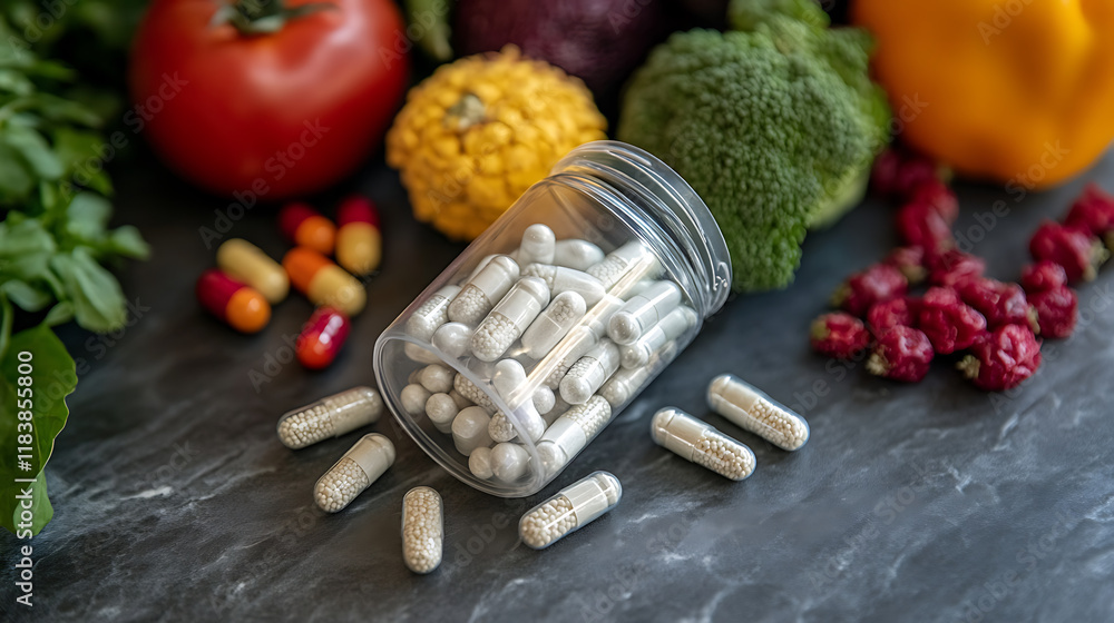 Poster clear capsule overflowing with essential multivitamins and dietary supplements, surrounded by an arr