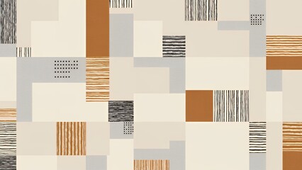 円と線が描かれたベージュと黒の抽象壁紙と黒と白のドット
