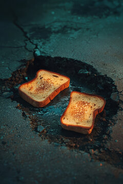 Naklejki Surreal Contrasts: Toasts on a Pothole in Urban Blue-Grey Scene