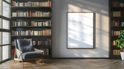 Library room with blank photo frame on the wall, version 11
