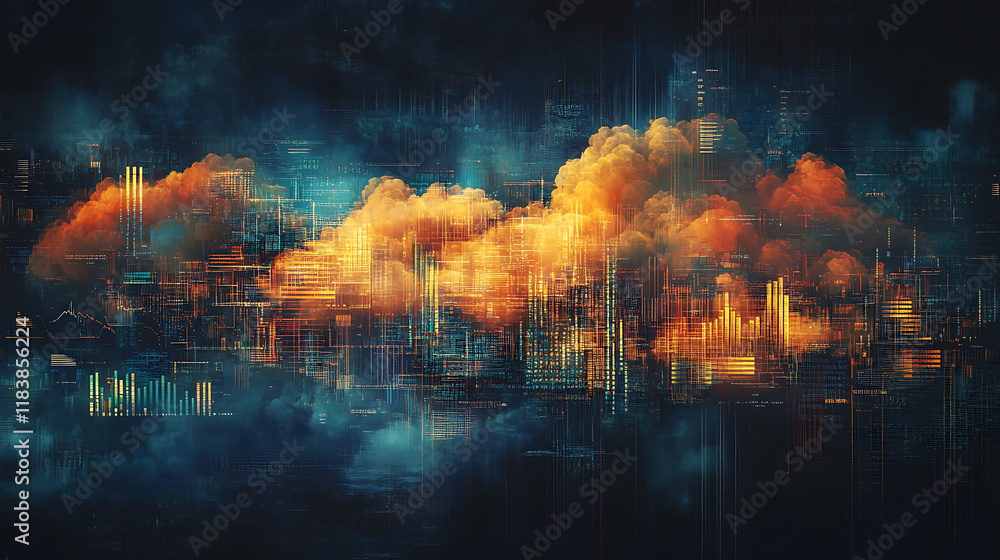 Poster cloud analytics concept visualized by abstract data bars and charts on a dark digital background, il