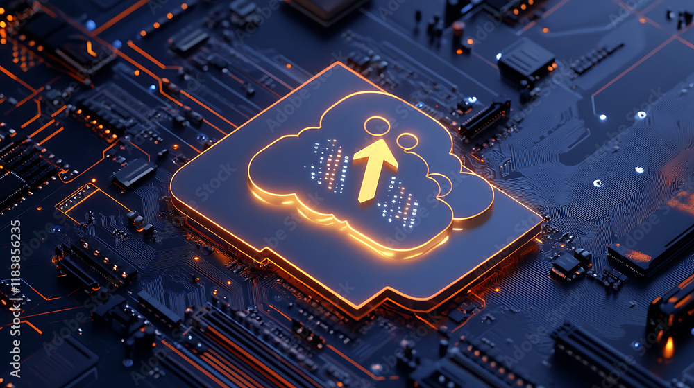 Aufkleber Cloud technologies and data storage concept with digital cloud sign with arrow up and circuit inside connected to motherboard on dark background, 3d rendering