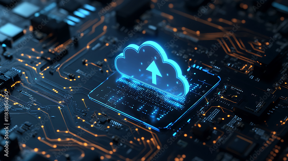 Aufkleber Cloud technologies and data storage concept with digital cloud sign with arrow up and circuit inside connected to motherboard on dark background, 3d rendering