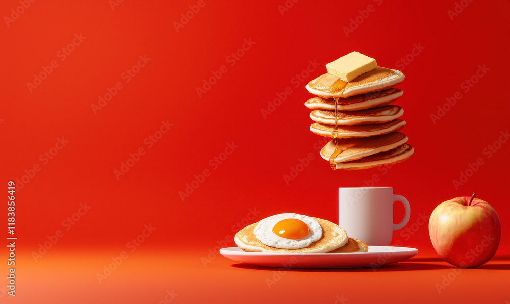 Poster stack of pancakes with butter and syrup on red background with fried egg and apple