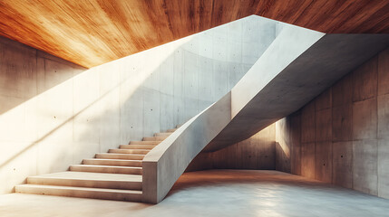 Contemporary free form concrete geometric interior with stairs, wooden ceiling and mock up place on wall, architectural space concept, 3d rendering