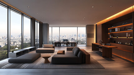 Contemporary office interior with panoramic city view