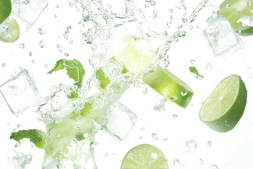 Water splash on white background with lime slices, mint leaves, and ice cubes as a concept for summertime libations -
