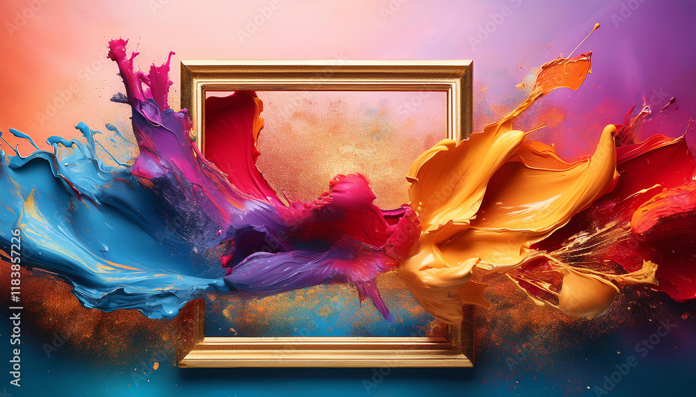 Poster a vibrant explosion of colors surrounds a golden frame, creating a dynamic and artistic visual exper