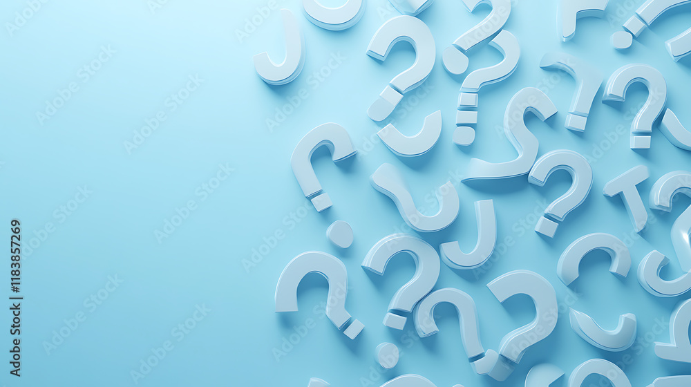 Poster Creative question marks on blue background with mock up place, ask, solution and faq concept, 3d rendering