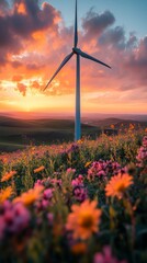 Wind Turbine in a Wildflower Meadow at Sunset, Symbolizing Renewable Energy and Sustainability


