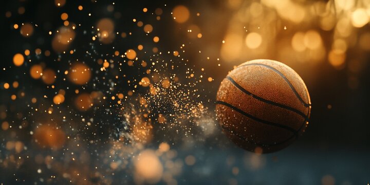 Basketball in motion, dust and bokeh effect.