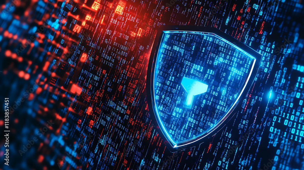 Poster Cyber security concept, shield with binary code background