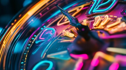 Close-up of a vibrant neon clock face with glowing numbers and hands.