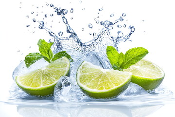 Water splash on white background with lime slices, mint leaves, and ice cubes as a concept for summertime libations -