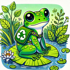 Fototapeta premium Animated Frog Wearing Eco-Vest on Lily Pad in Peaceful Pond Setting