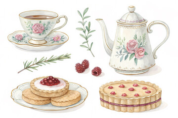 Whimsical tea party watercolor sticker set with teacup and pastries.