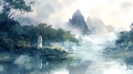 Serene figure in flowing white robe contemplates misty mountain lake landscape.