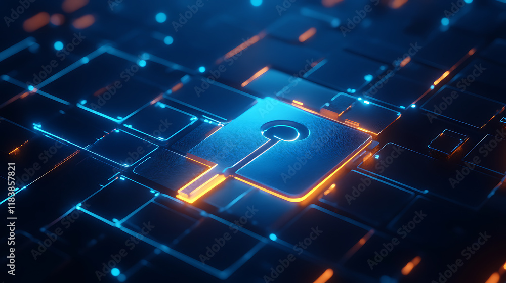 Poster digital key hologram on blue background, digital security and data protection concept