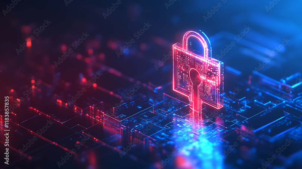 Poster digital key hologram on blue background, digital security and data protection concept