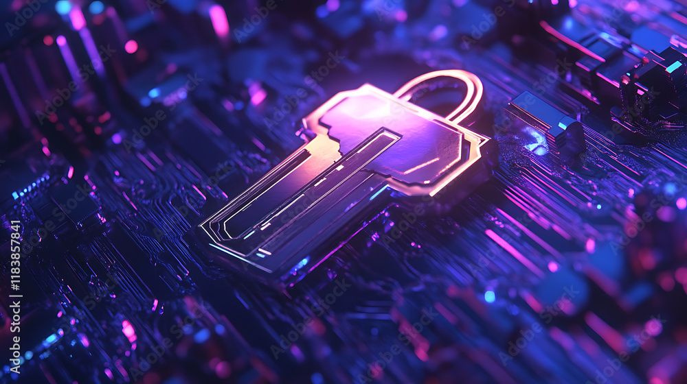 Poster digital key hologram on blue background, digital security and data protection concept